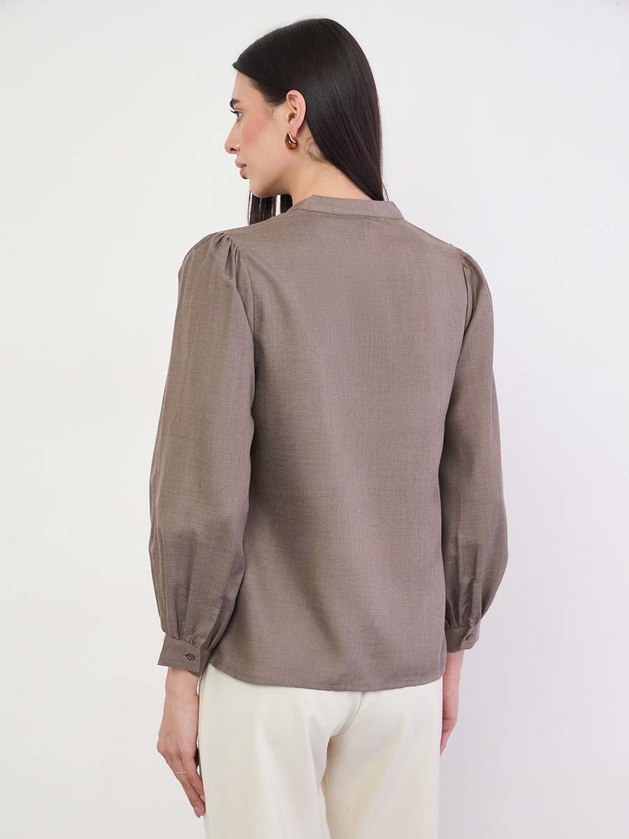 Brown Lace Trim Long Sleeve Blouse