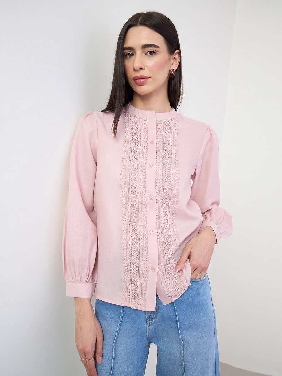 Pink Lace Trim Long Sleeve Blouse