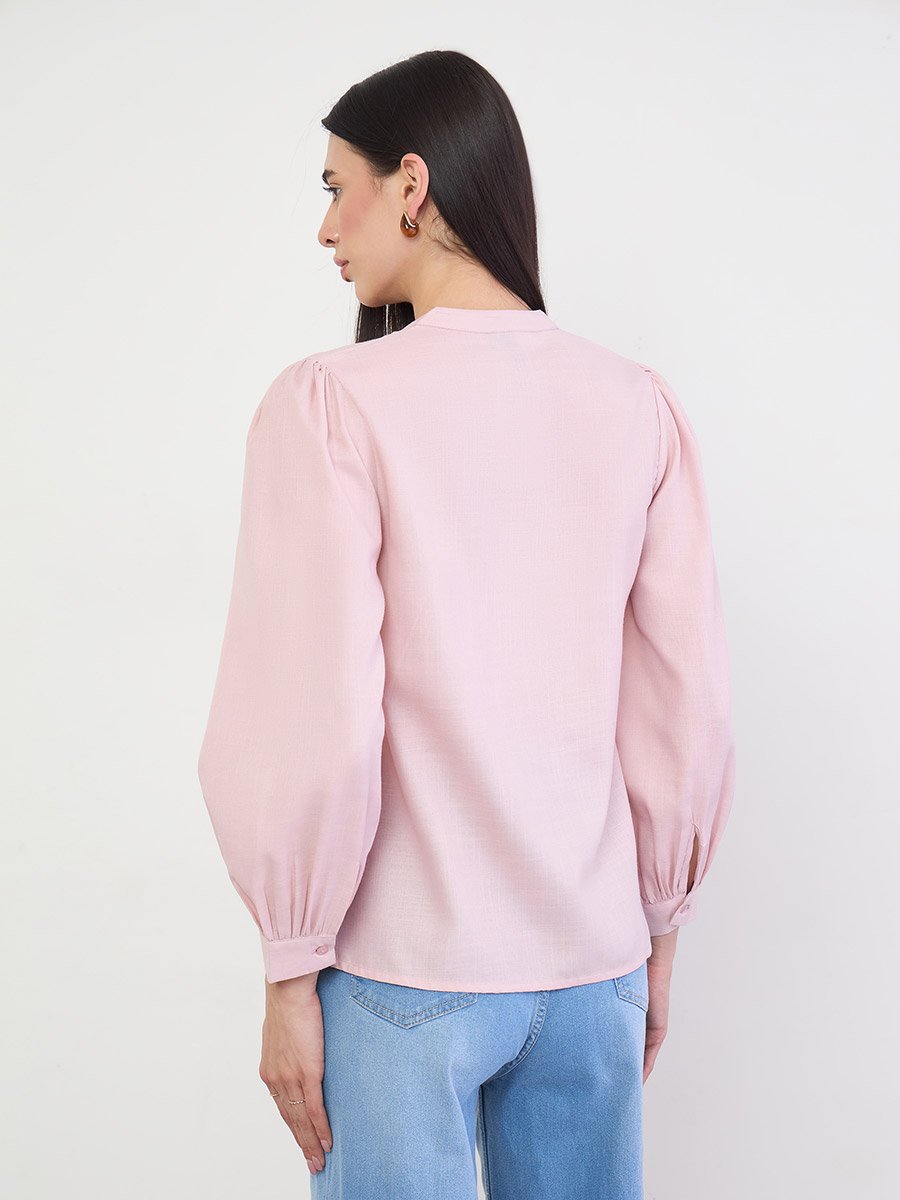 Pink Lace Trim Long Sleeve Blouse