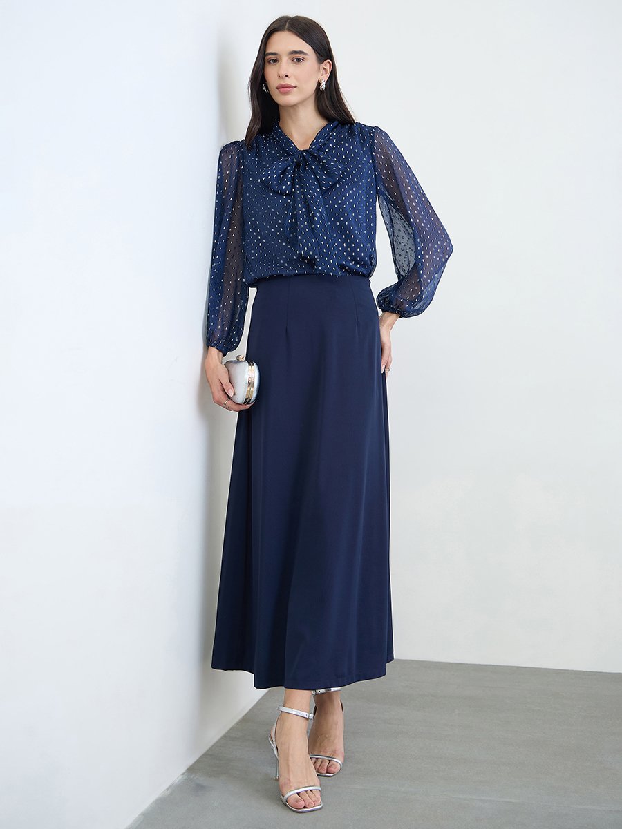Navy Blue Lurex Dot Tie-Up Neck Blouse