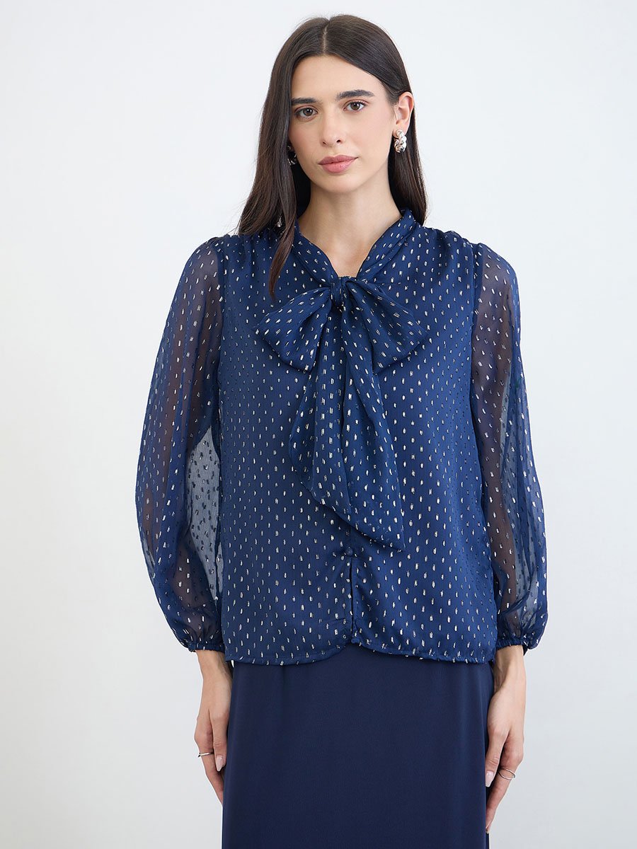 Navy Blue Lurex Dot Tie-Up Neck Blouse