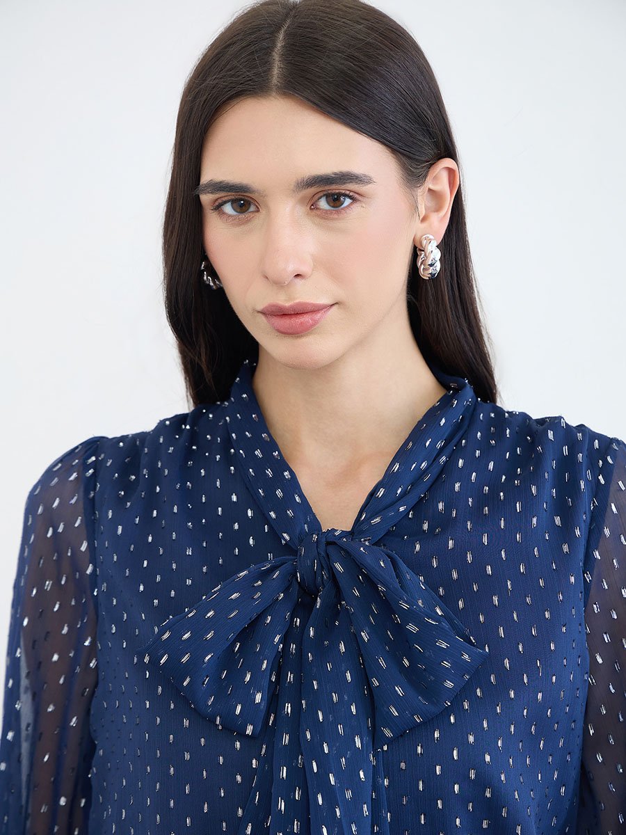 Navy Blue Lurex Dot Tie-Up Neck Blouse