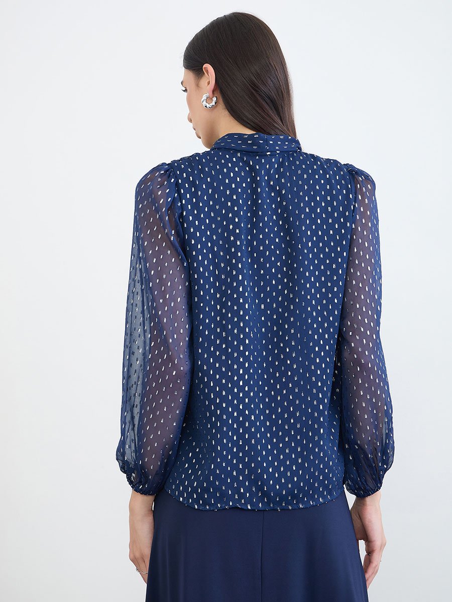 Navy Blue Lurex Dot Tie-Up Neck Blouse