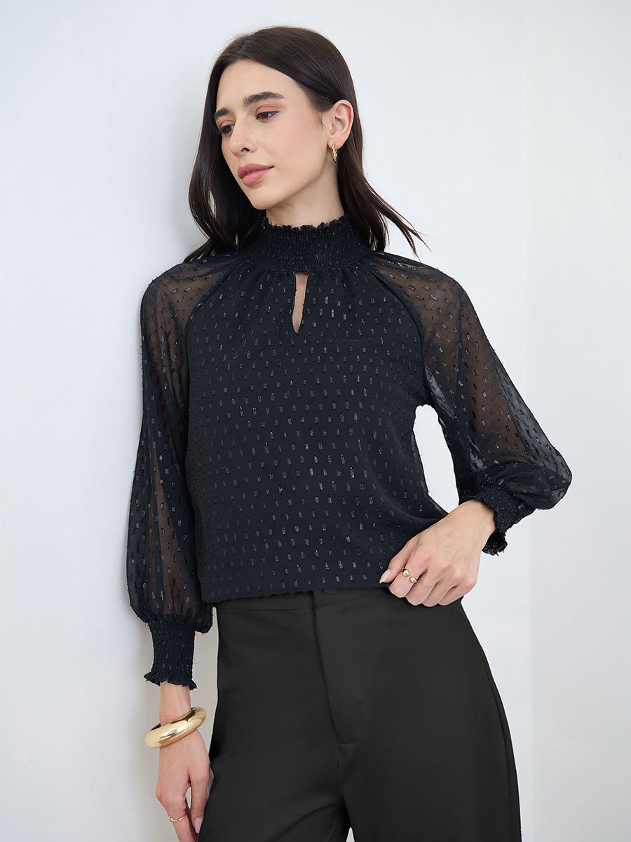 Black Lurex Semi Sheer Sleeve Blouse