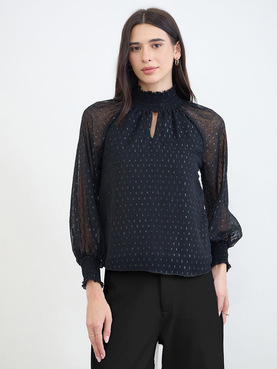 Black Lurex Semi Sheer Sleeve Blouse