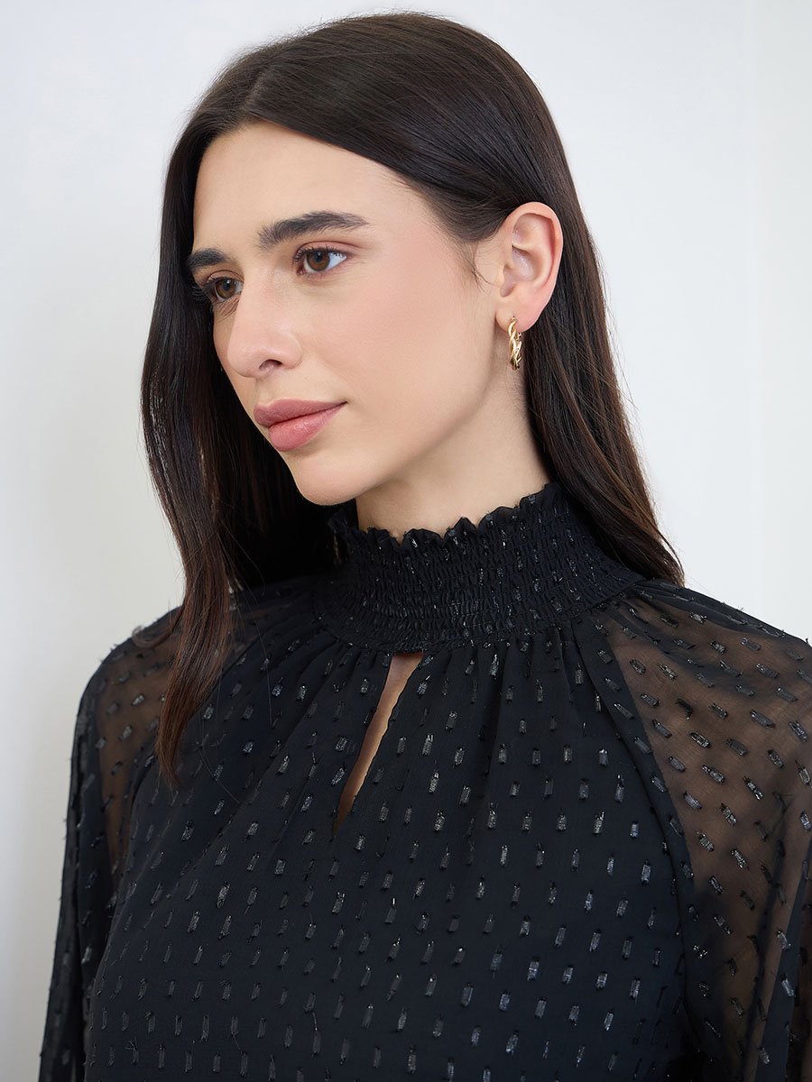 Black Lurex Semi Sheer Sleeve Blouse