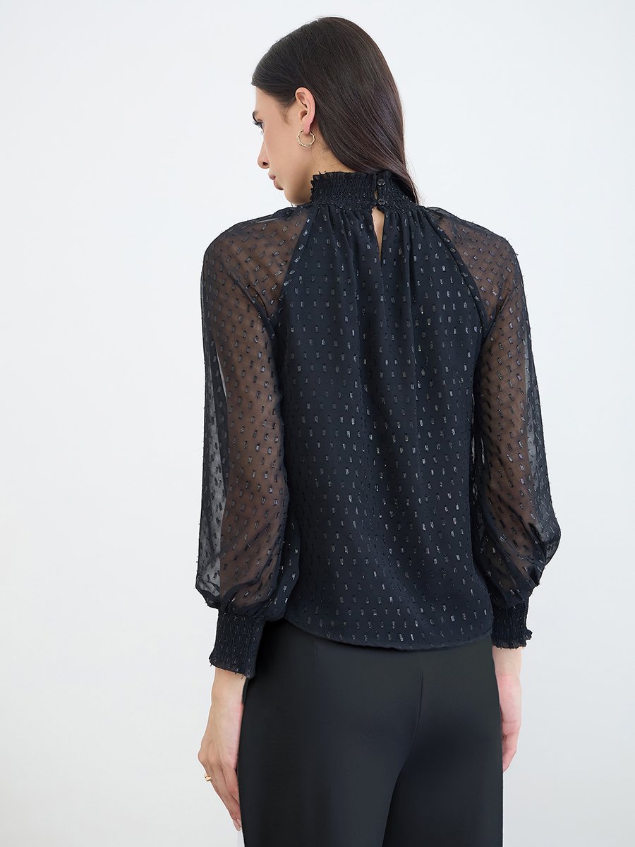Black Lurex Semi Sheer Sleeve Blouse