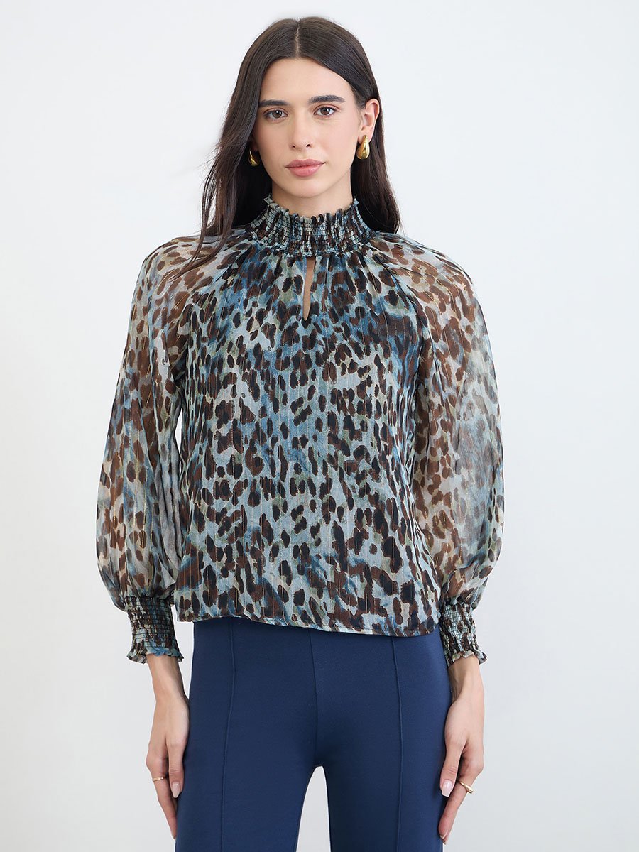 Animal Print Lurex Semi Sheer Blouse