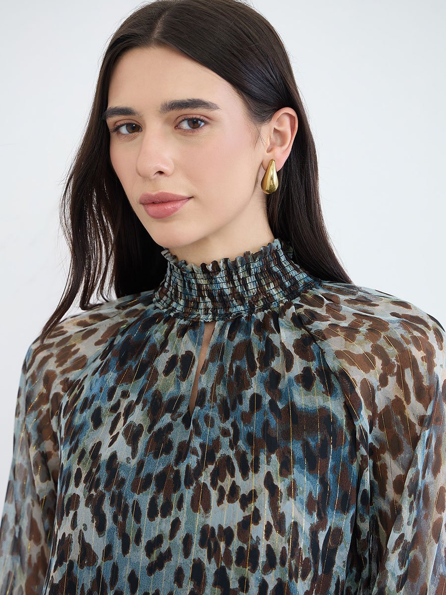 Animal Print Lurex Semi Sheer Blouse