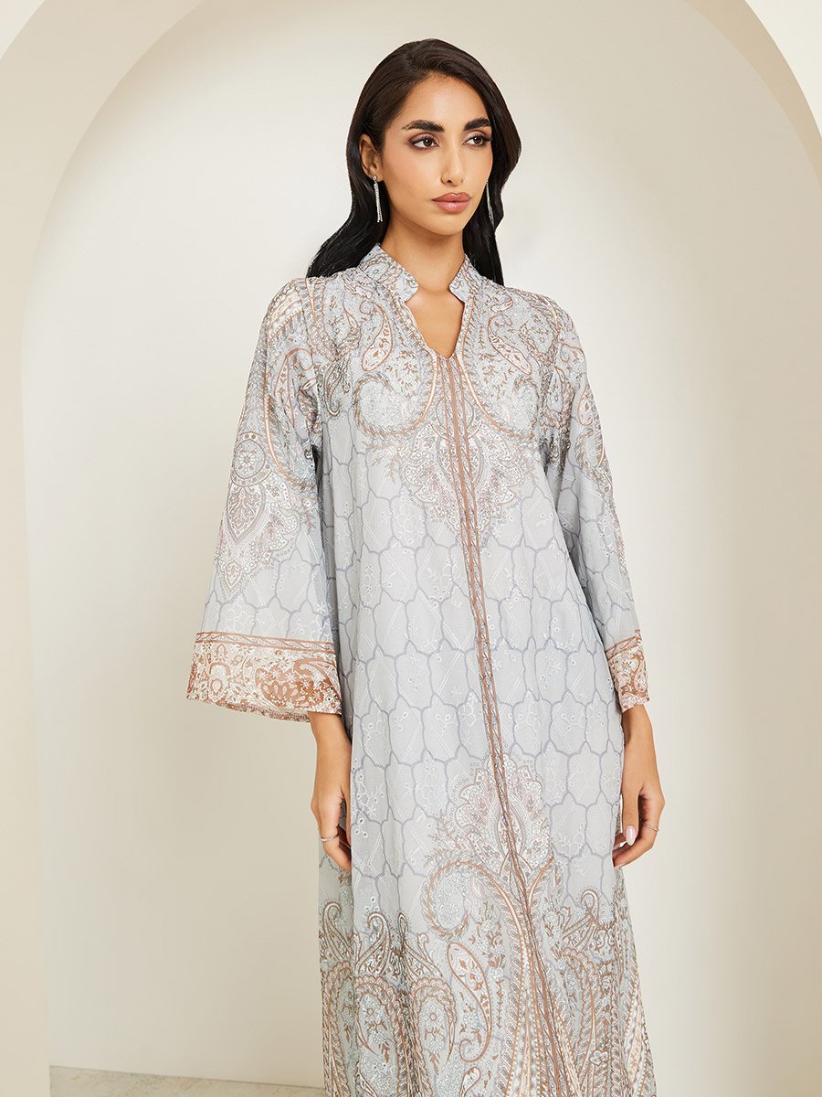 Women Printed Jalabiya with Rhinestone Embellishment
