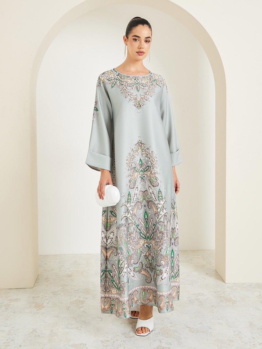 Women Green Embellished Long Sleeve Jalabiya