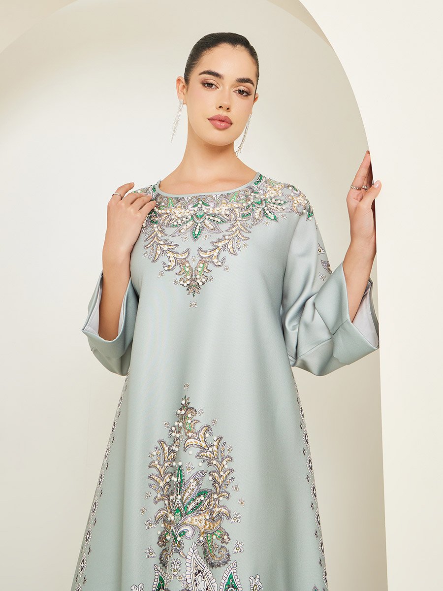 Women Green Embellished Long Sleeve Jalabiya