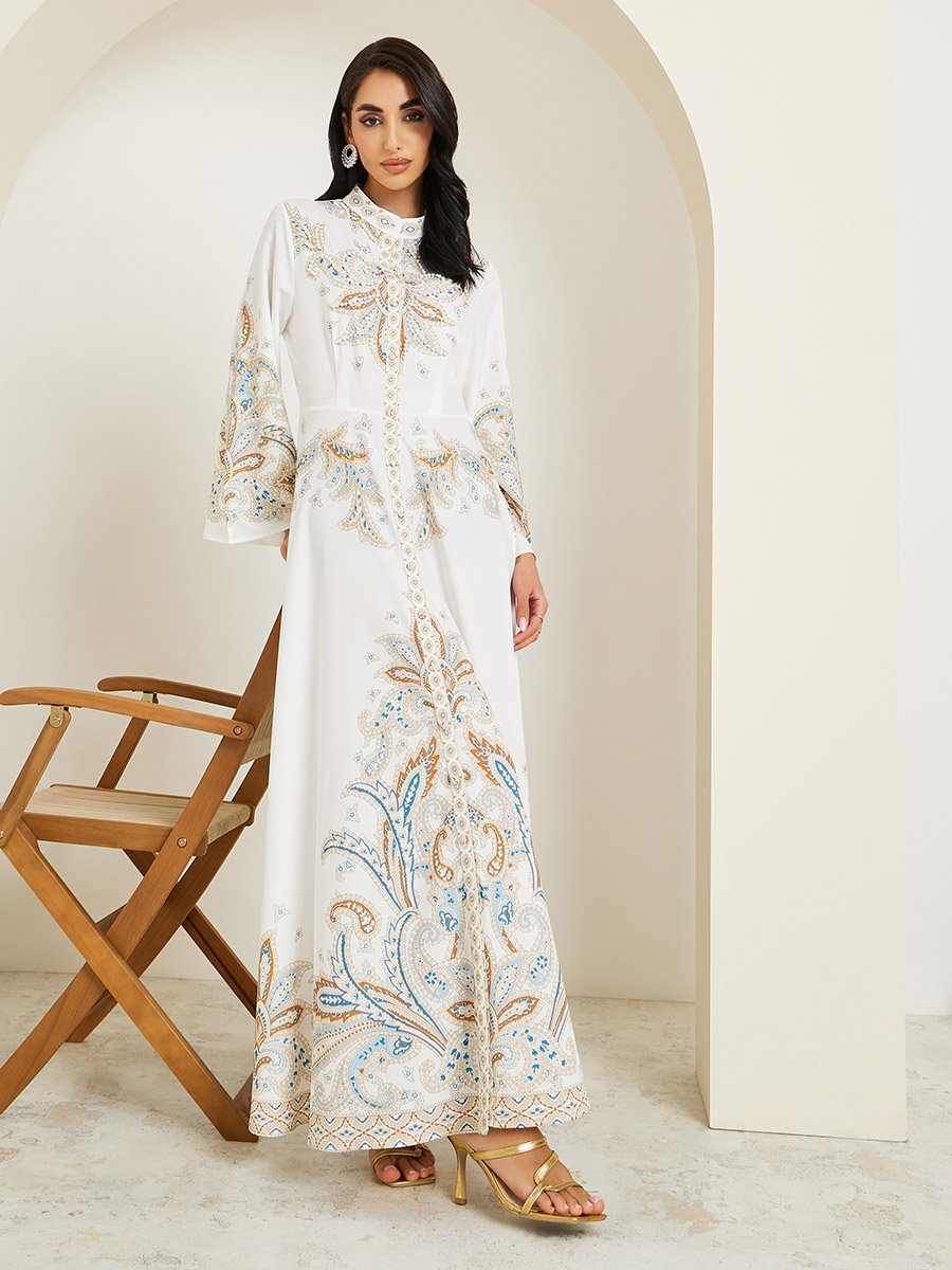 Women Placement Print Jalabiya with Pearl Embellishment