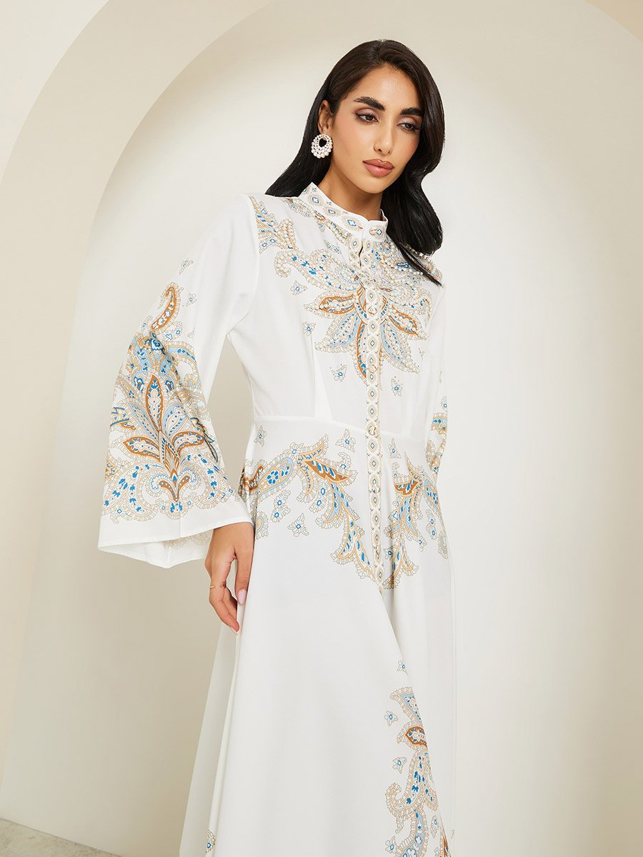 Women Placement Print Jalabiya with Pearl Embellishment
