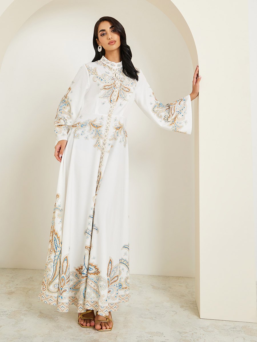 Women Placement Print Jalabiya with Pearl Embellishment
