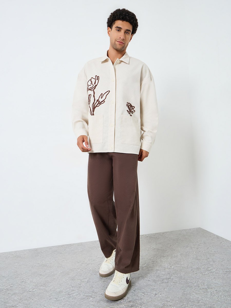 Men Cream Embroidered Shacket with Pockets