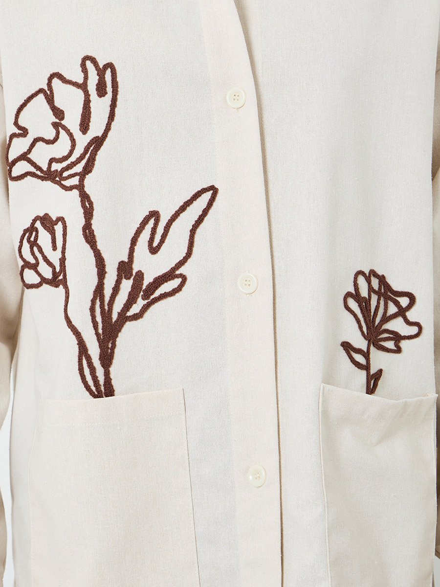Men Cream Embroidered Shacket with Pockets