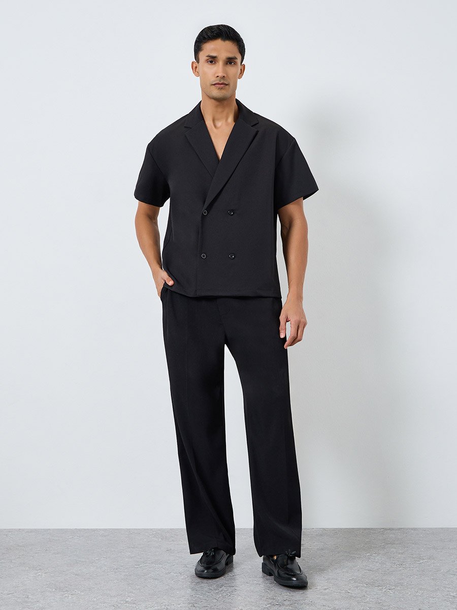 Men Black Notch Collar Double Breasted Oversized Shirt