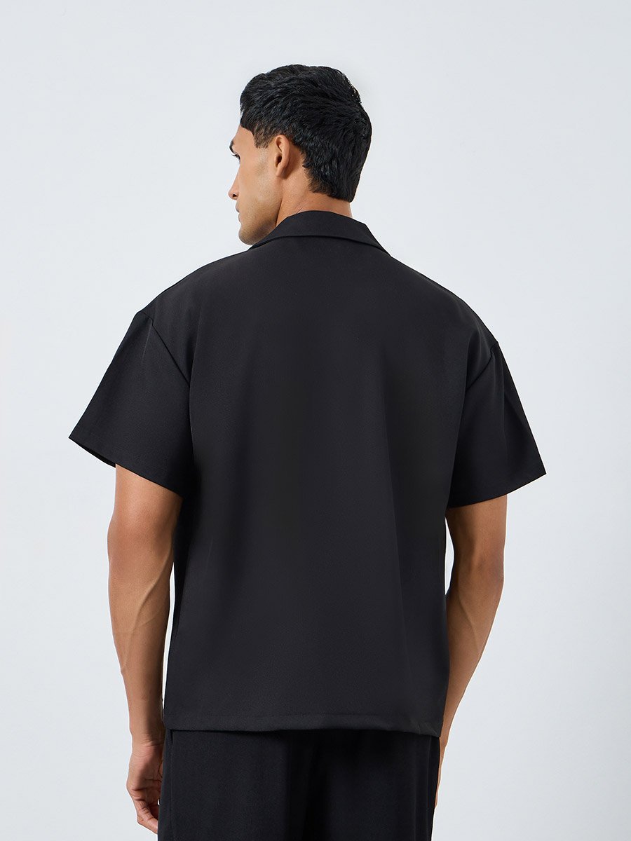 Men Black Notch Collar Double Breasted Oversized Shirt