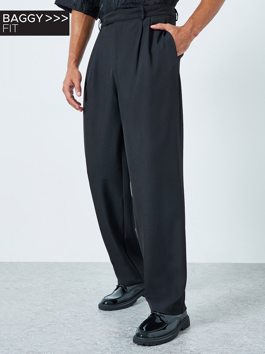 Men Black Double Fold Pleat Baggy Trousers