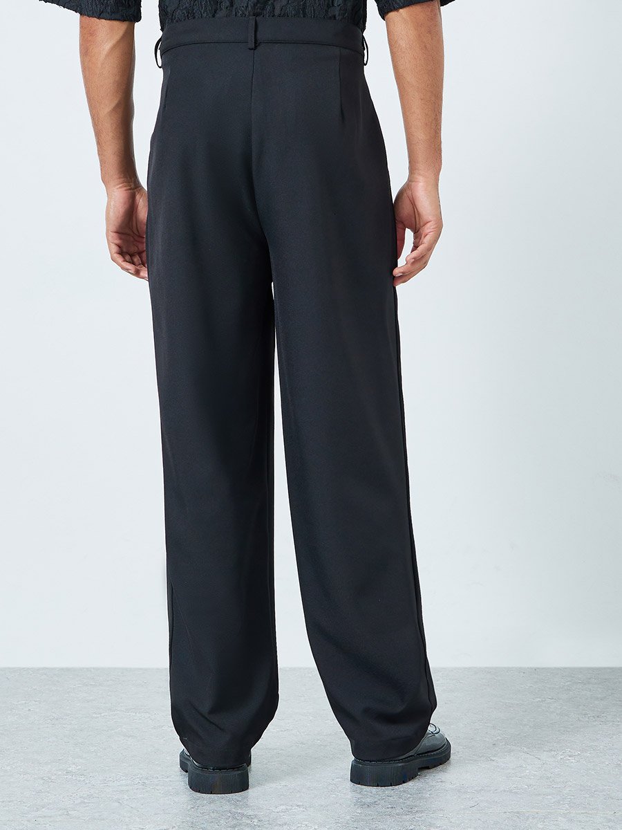 Men Black Double Fold Pleat Baggy Trousers