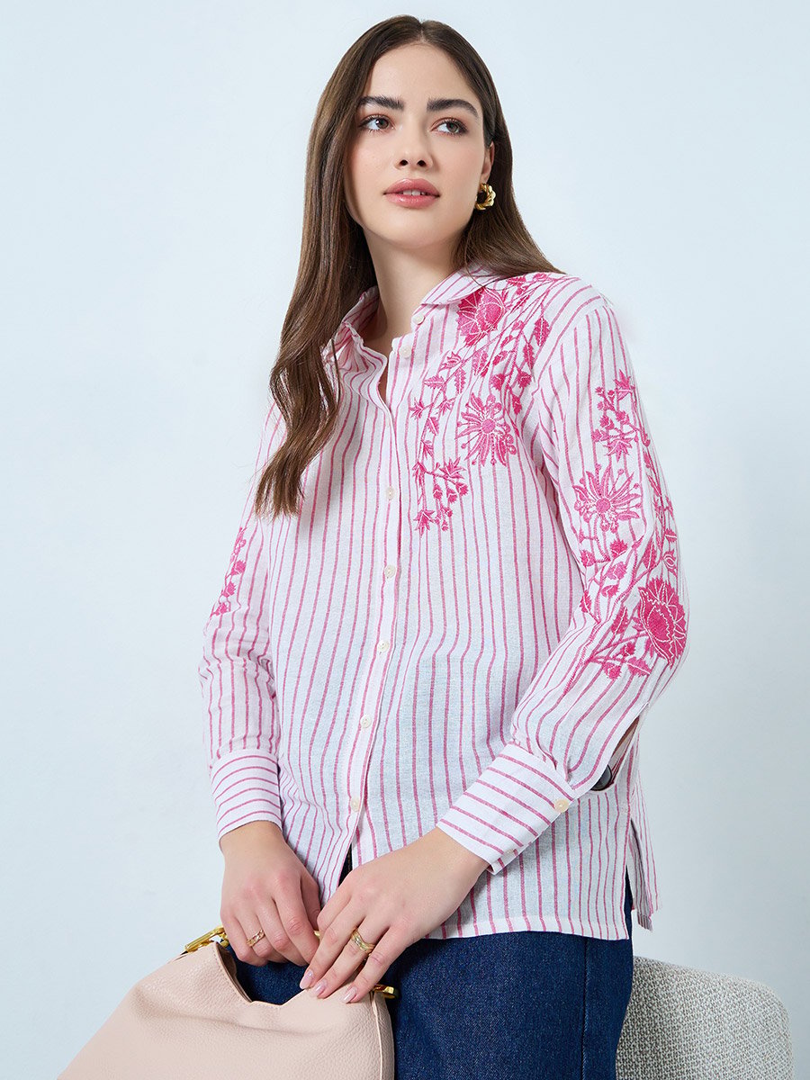Floral Embroidered Stripe Long Sleeve Shirt