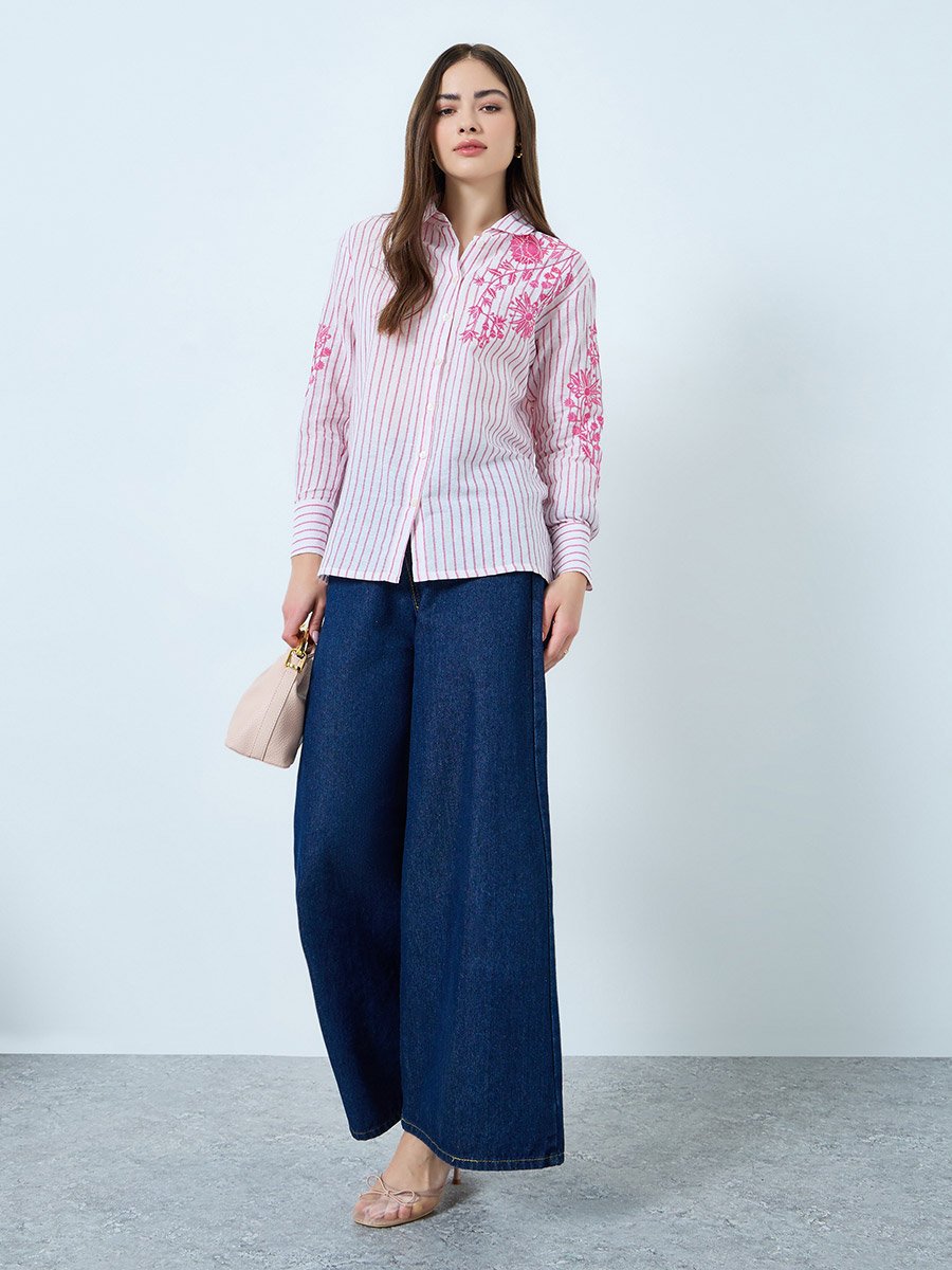 Floral Embroidered Stripe Long Sleeve Shirt