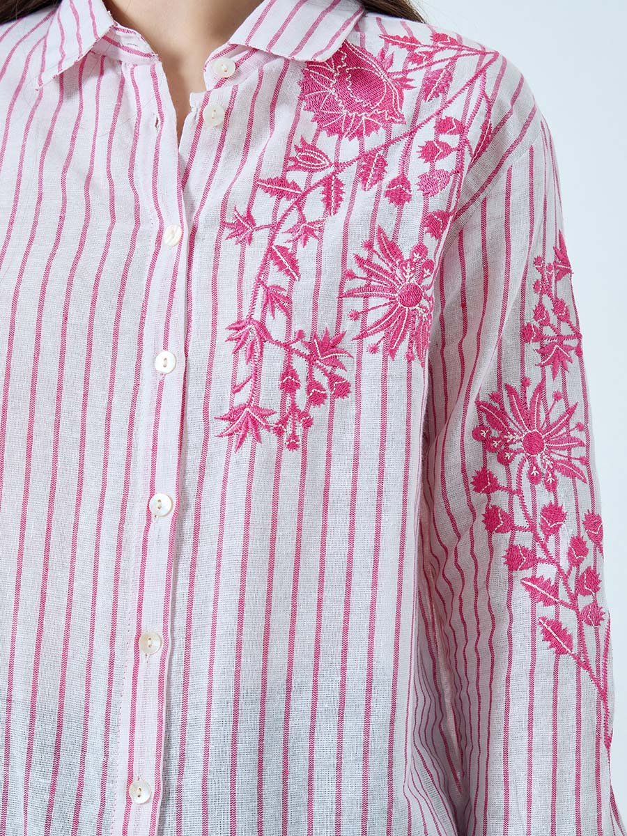Floral Embroidered Stripe Long Sleeve Shirt