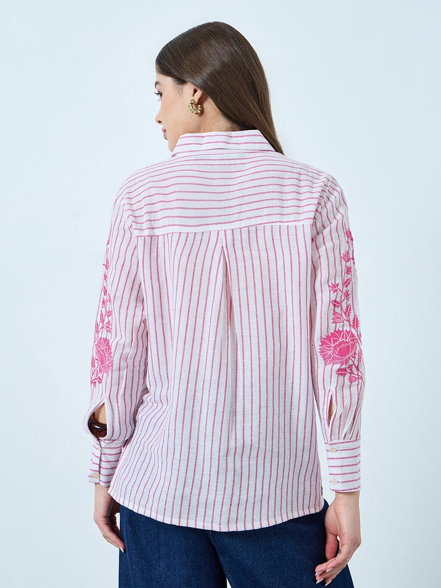 Floral Embroidered Stripe Long Sleeve Shirt