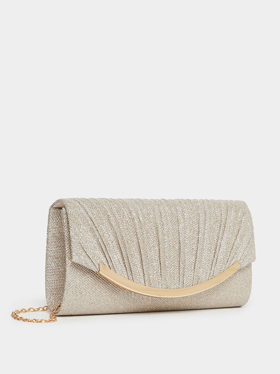 Pleated Embellished Clutch with Chain Strap