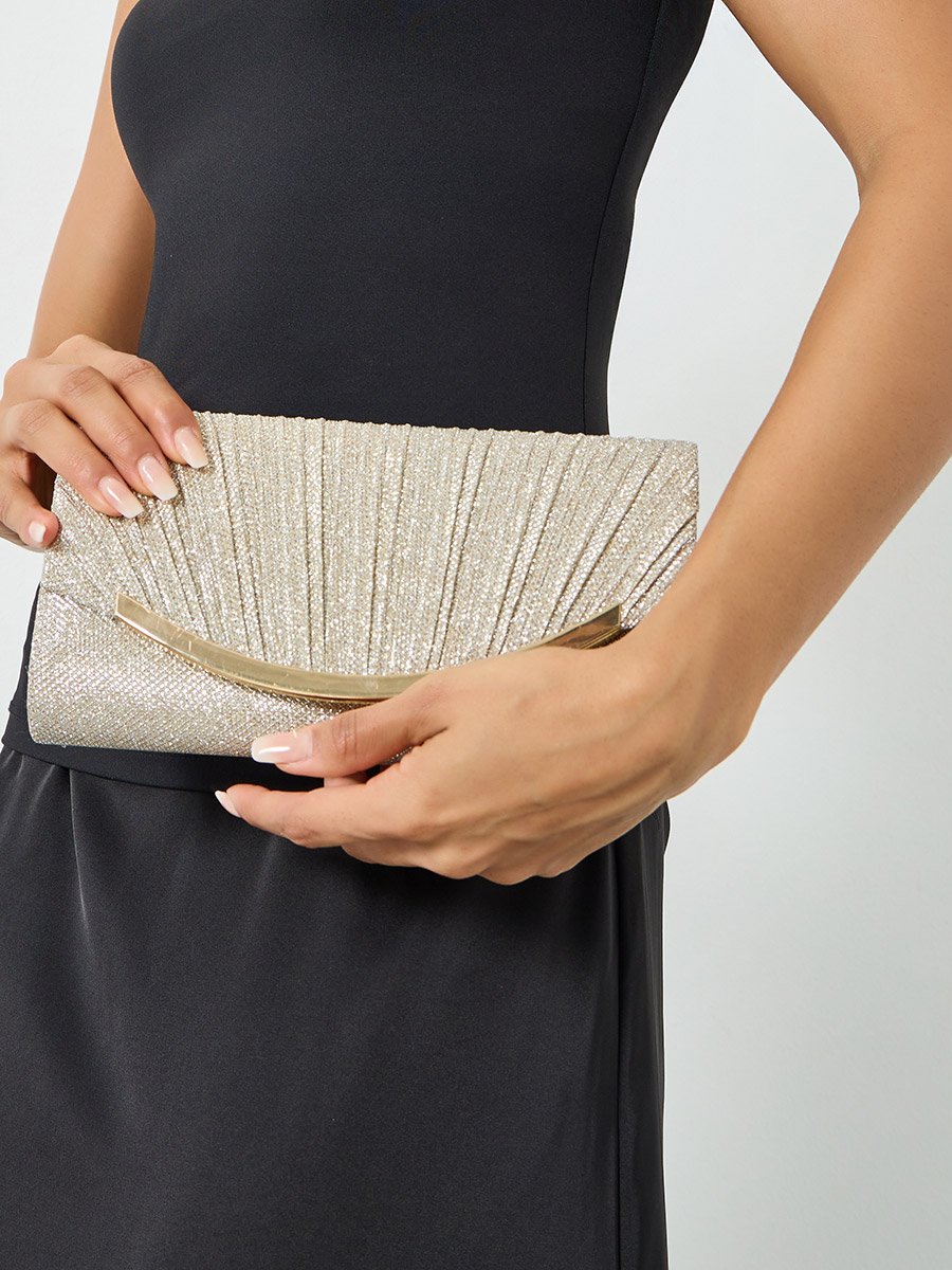 Pleated Embellished Clutch with Chain Strap