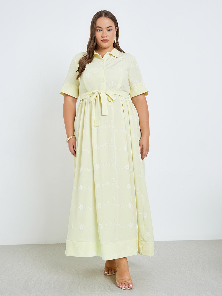 Plus Size Yellow Floral Print Shirt Maxi Dress