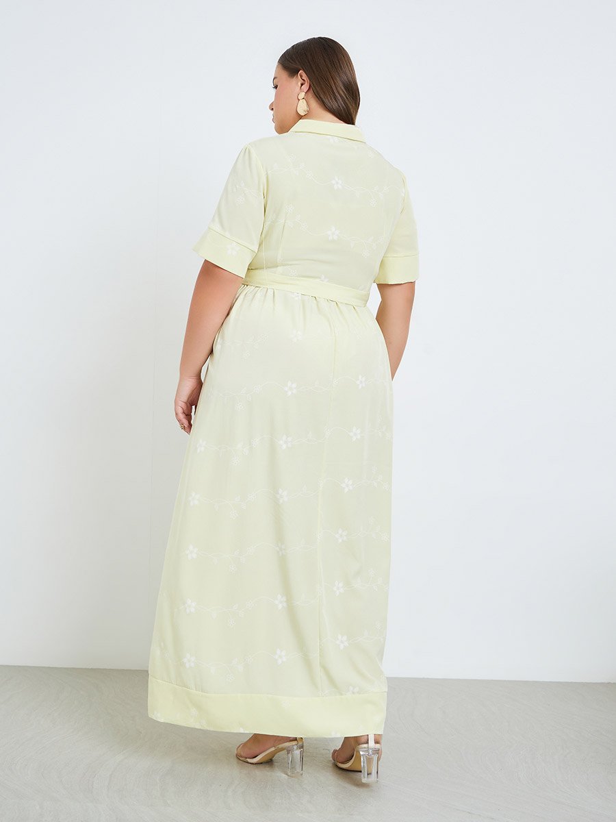 Plus Size Yellow Floral Print Shirt Maxi Dress For Women at UAE | Styli Plus Size Yellow Floral Print Shirt Maxi Dress For Women at UAE | Styli