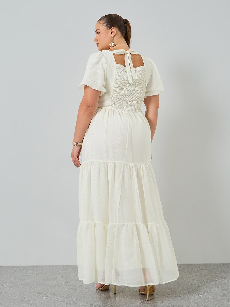 Plus Size Cream Embroidered Tiered Maxi Dress For Women at Oman | Styli