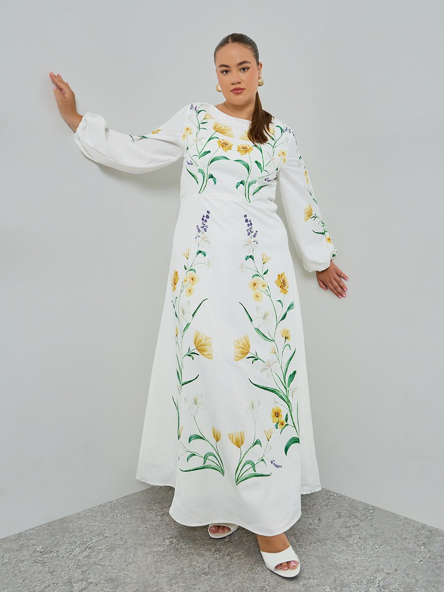 Plus Size Floral Print Balloon Sleeves A-Line Maxi Dress