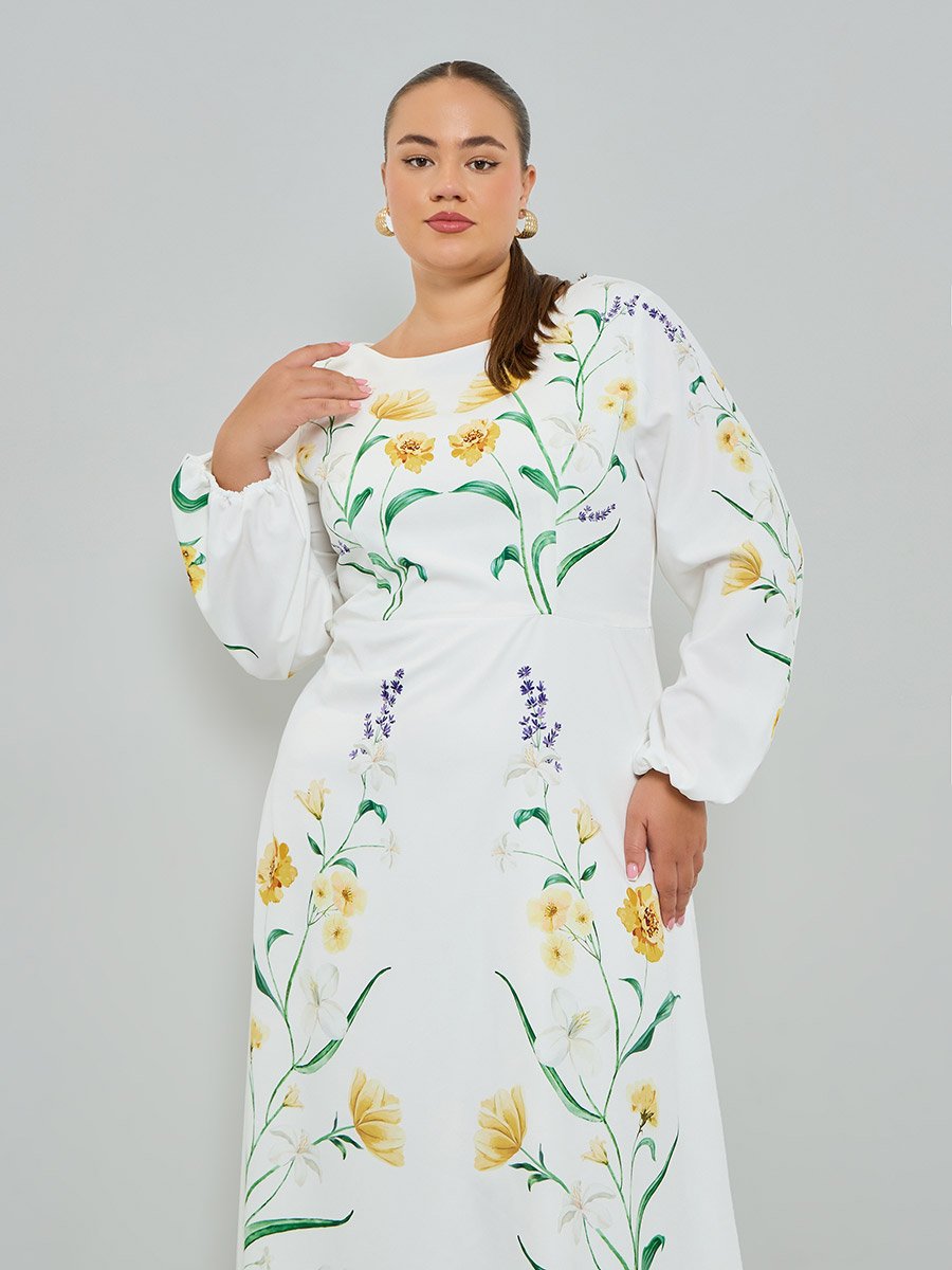 Plus Size Floral Print Balloon Sleeves A-Line Maxi Dress
