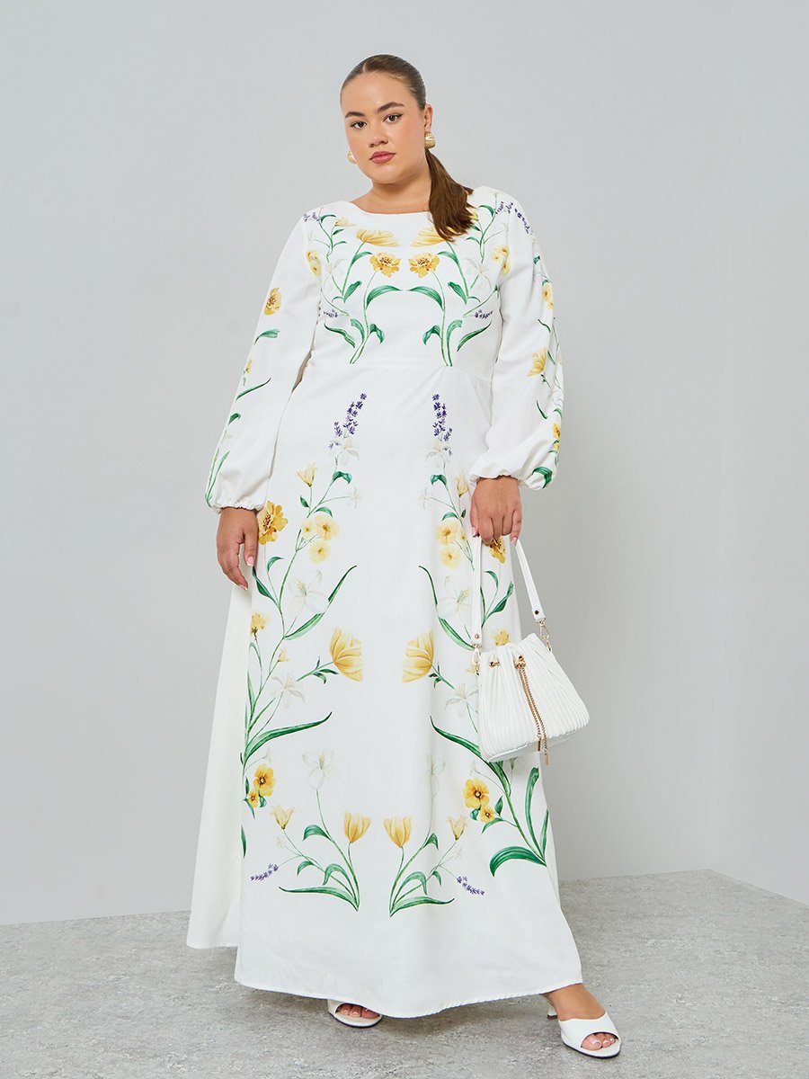 Plus Size Floral Print Balloon Sleeves A-Line Maxi Dress