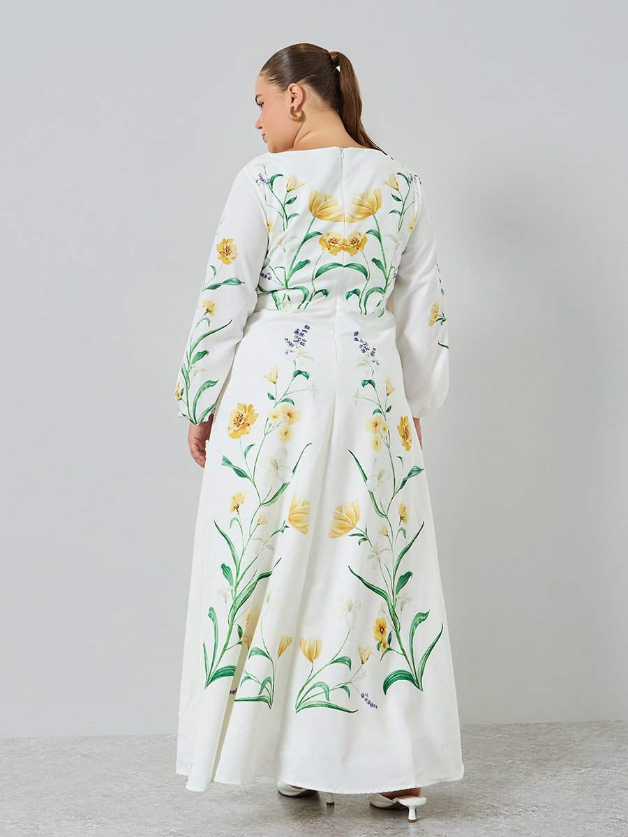 Plus Size Floral Print Balloon Sleeves A-Line Maxi Dress