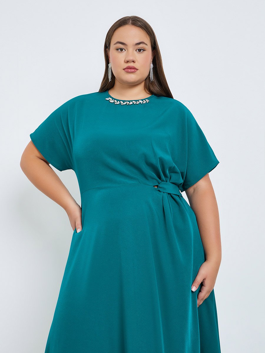 Plus Size Teal Short Sleeves A-Line Midi Dress	