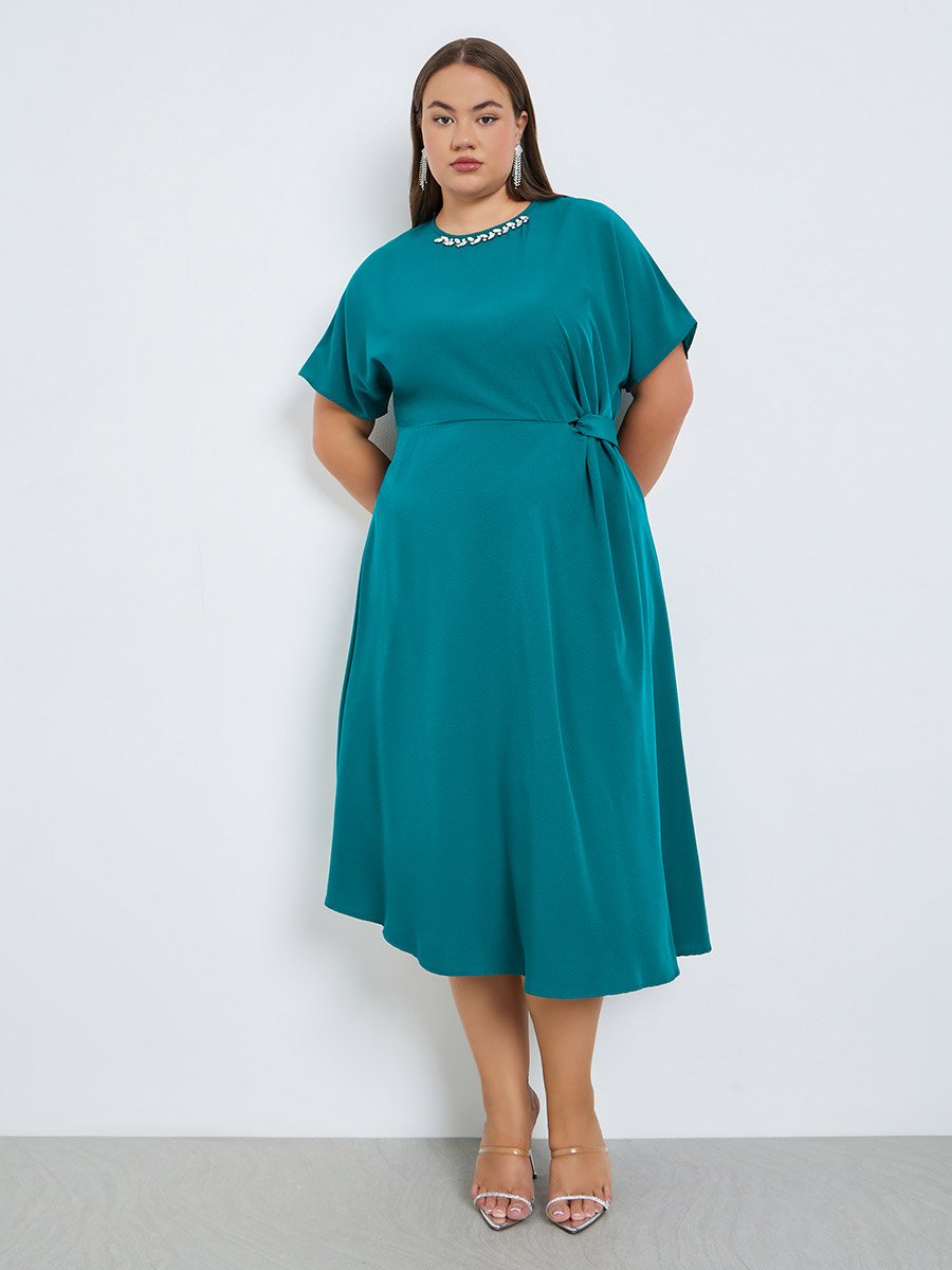 Plus Size Teal Short Sleeves A-Line Midi Dress	