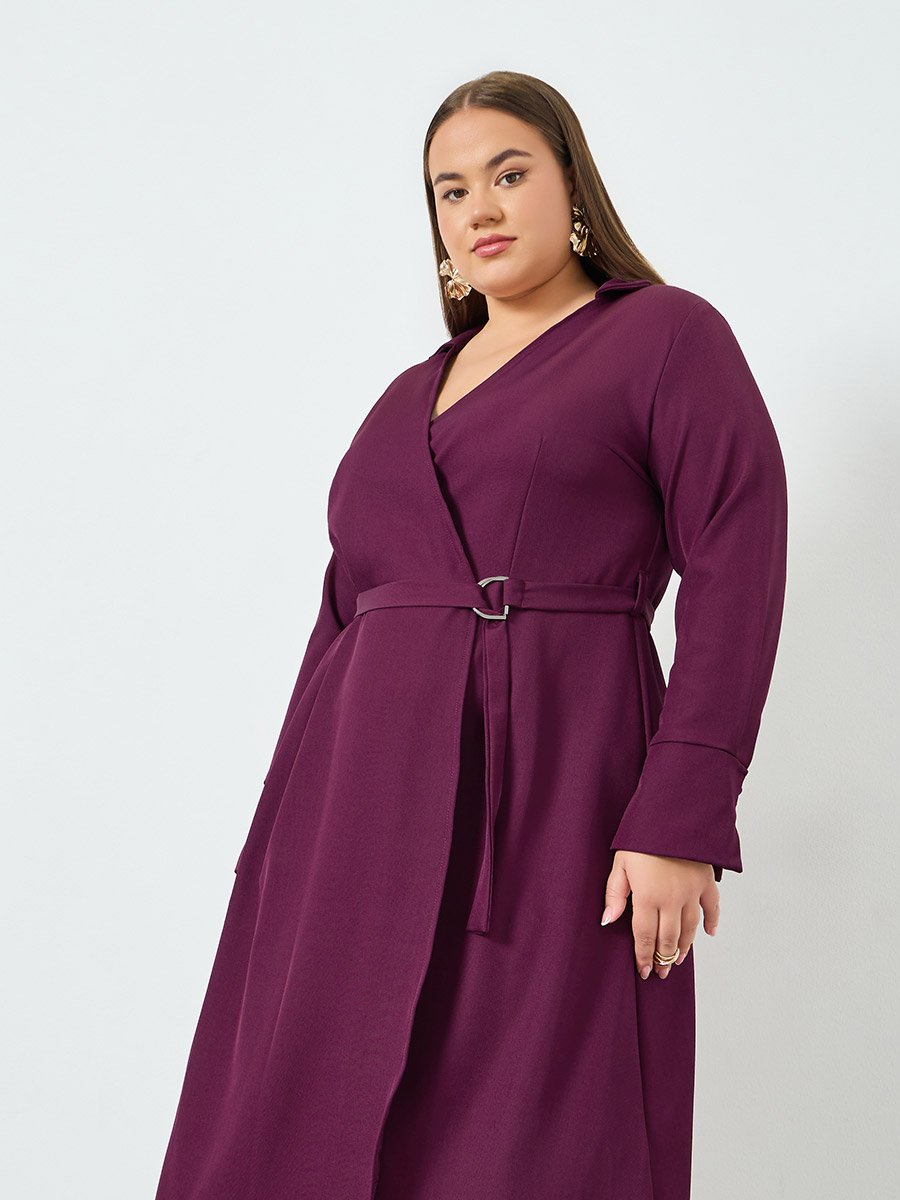 Plus Size Purple Long Sleeves Wrap Midi Dress For Women at Bahrain | Styli