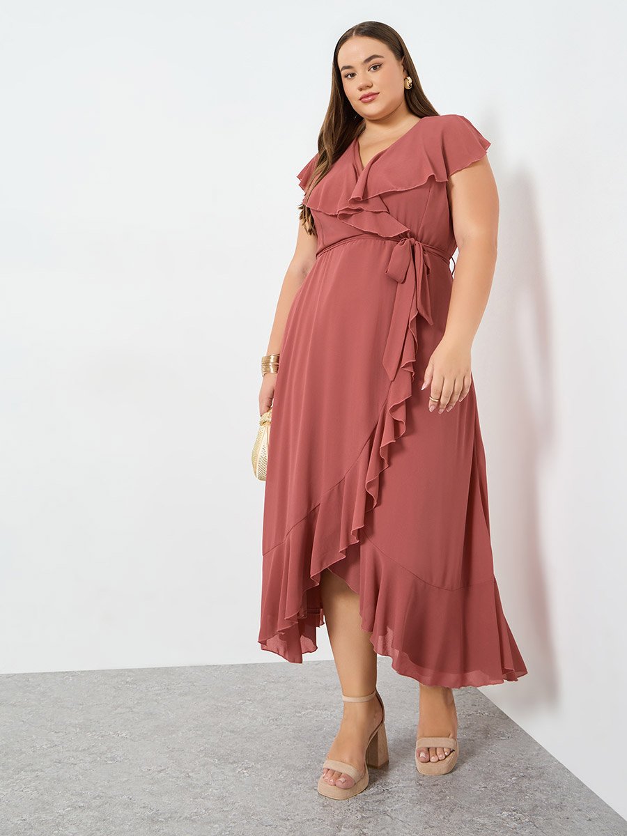 Plus Size Rust Ruffled Detail Maxi Dress