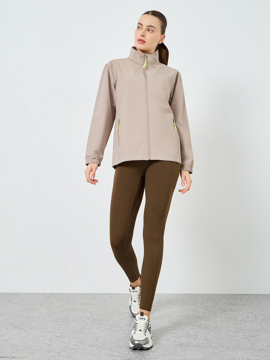 Women Beige Windbreaker Contrast Zip Jacket