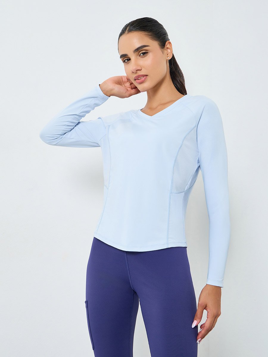 Back Inverted U Shape Mesh Insert Long Sleeve Top