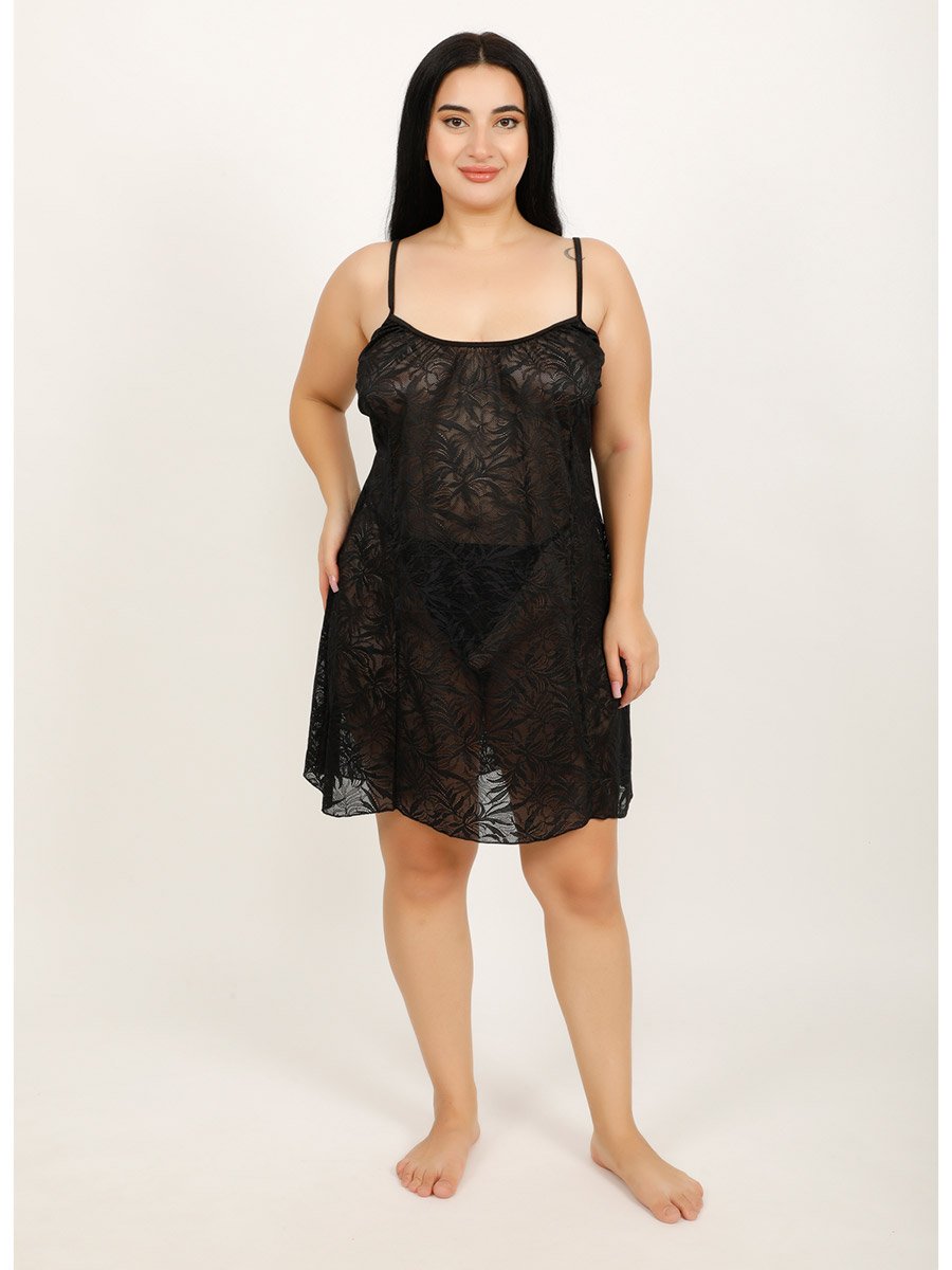 Plus Size Black Textured Lace Babydoll