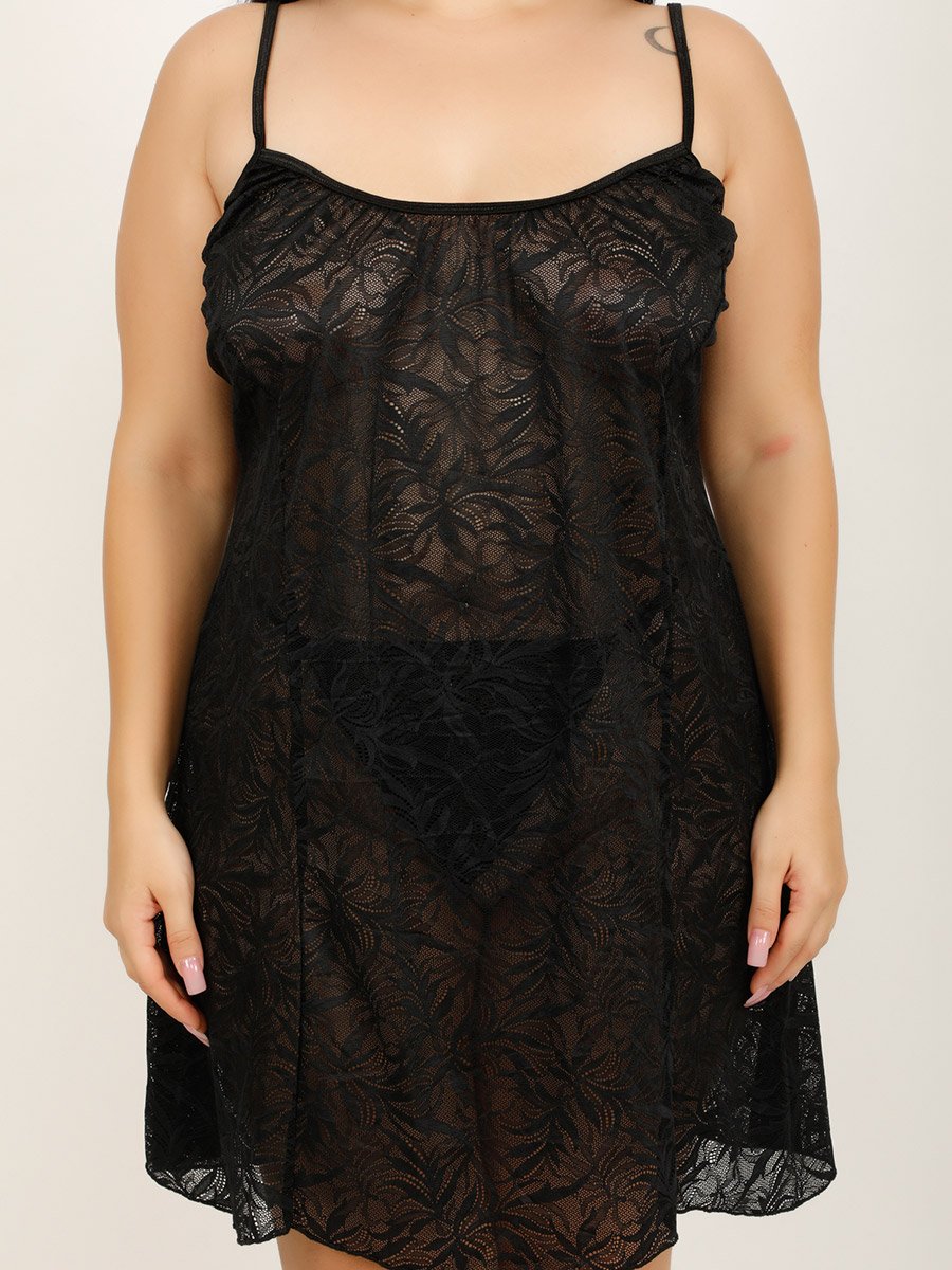 Plus Size Black Textured Lace Babydoll