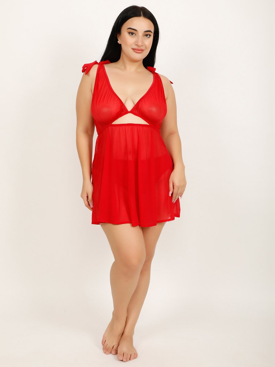 Plus Size Red Cut-Out Detail Sheer Babydoll