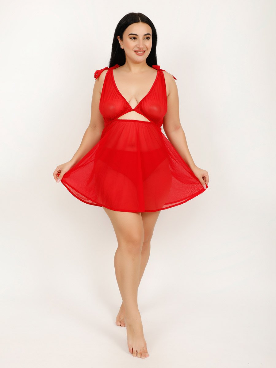 Plus Size Red Cut-Out Detail Sheer Babydoll