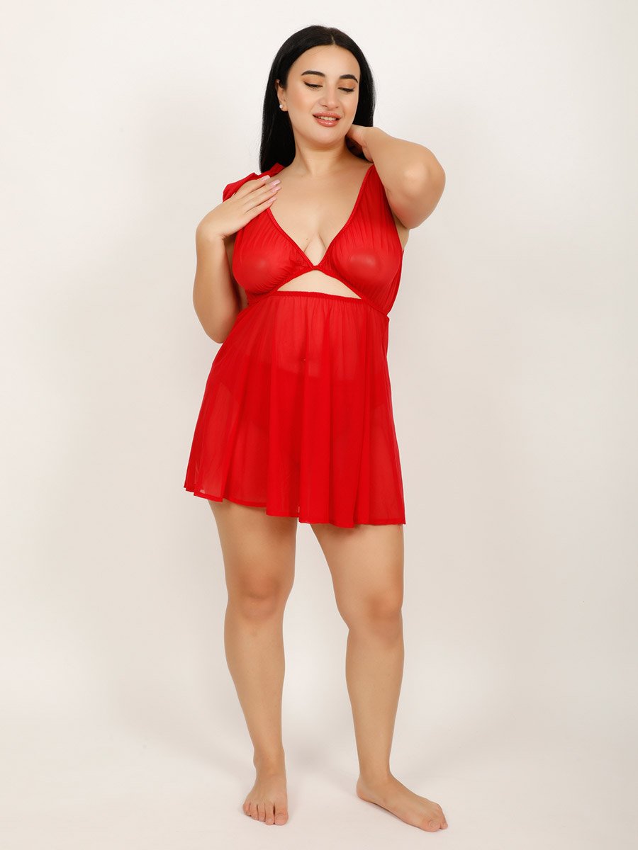 Plus Size Red Cut-Out Detail Sheer Babydoll