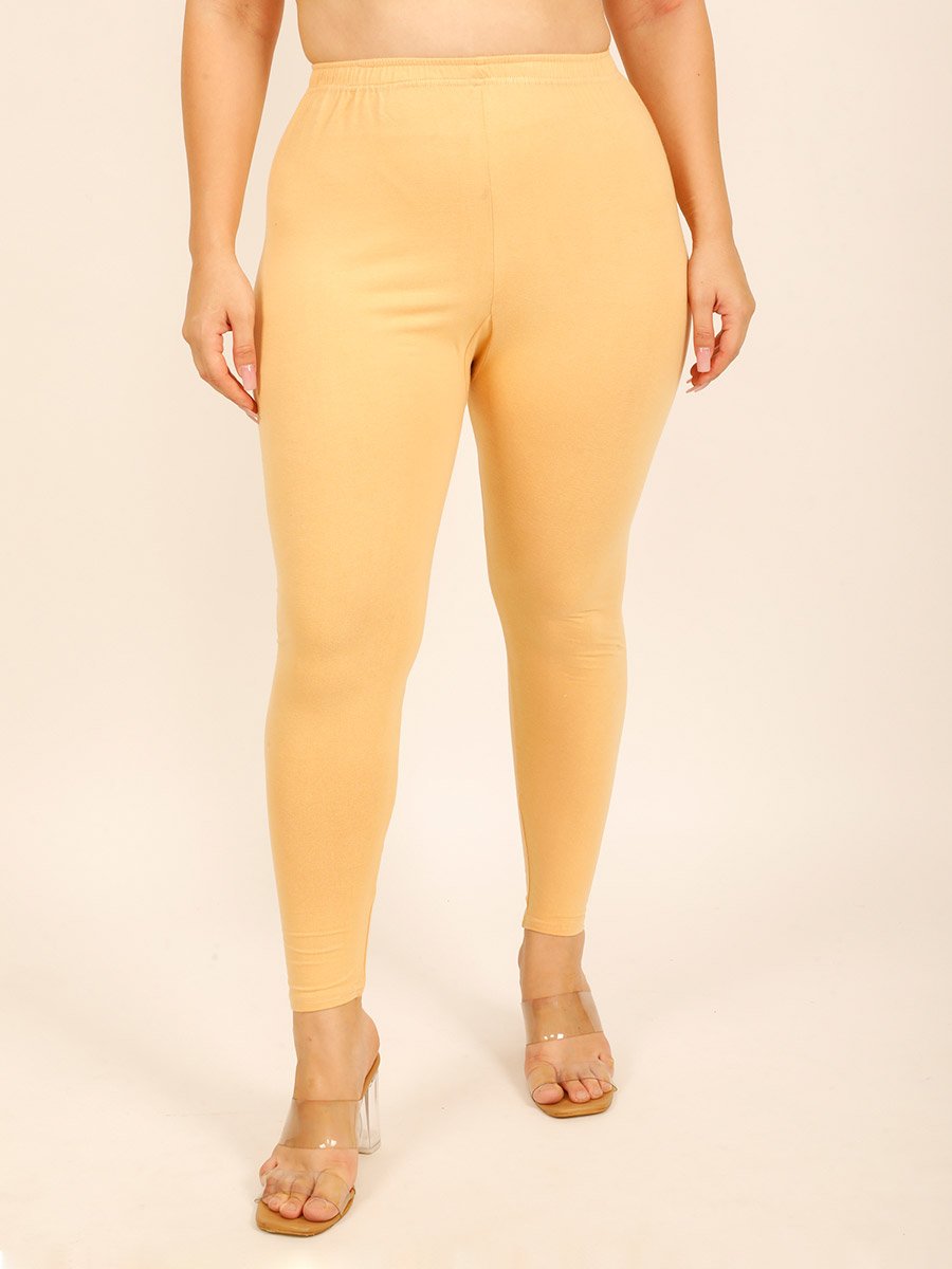 Women Yellow Solid Cotton Leggings